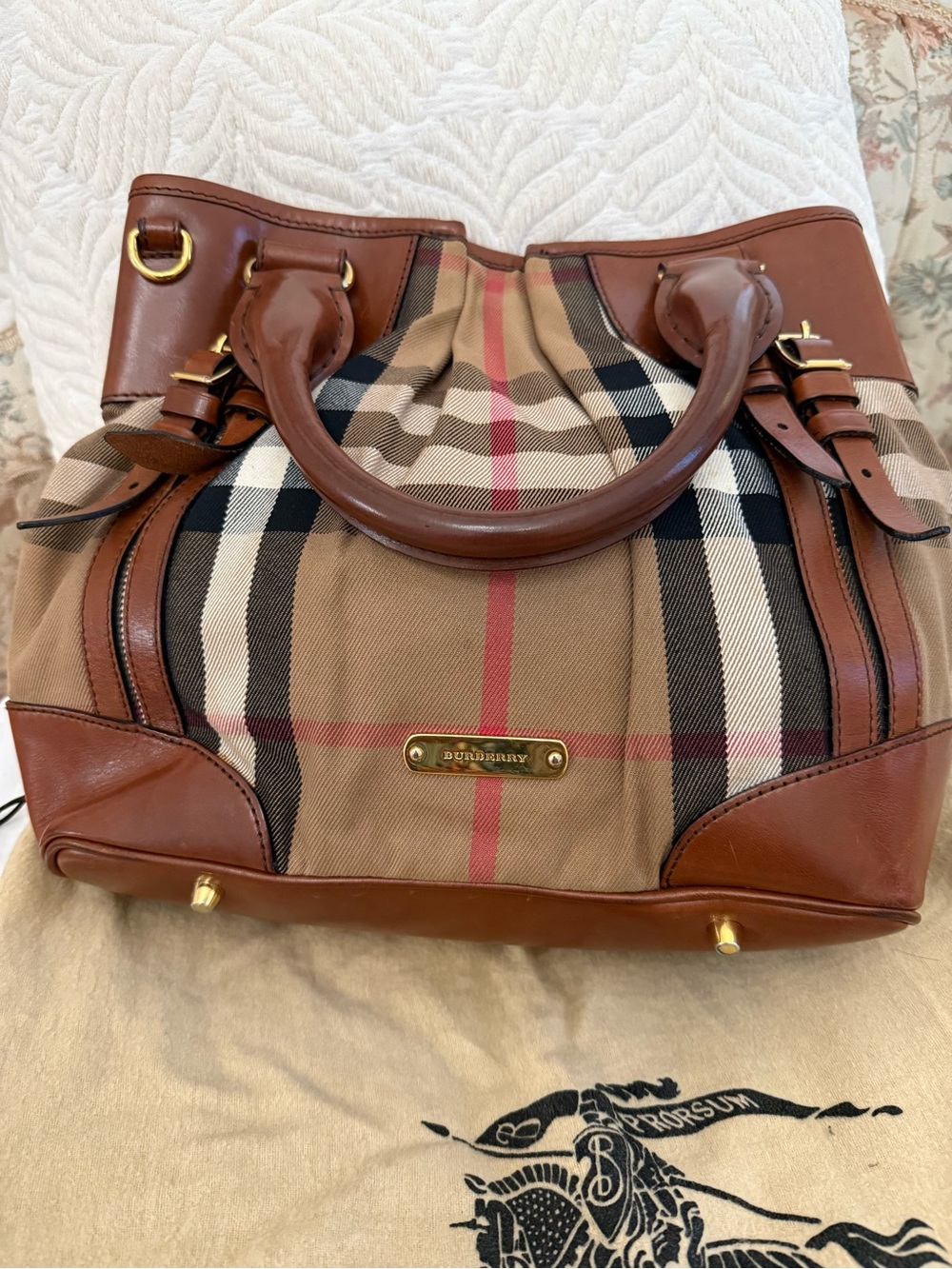 Burberry Tan Check Canvas Tote with Brown Leather Trim and Gold Hardware